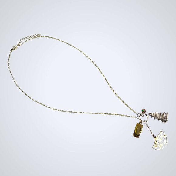 VTG Charm Necklace Asian Theme Mixed Metal Pagoda Geta Sandal Fan Cloisonne Bead - Picture 5 of 9